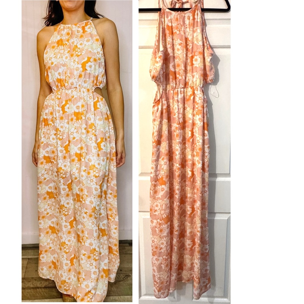 Peach Love California Floral Maxi Dress Orange and White with waist cutouts EUC